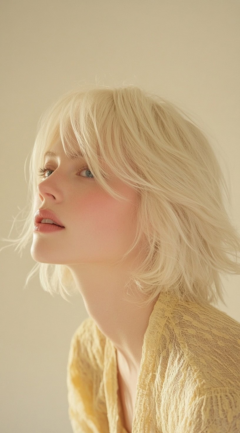 A woman with a platinum blonde shag cut, featuring soft layers and a feathered texture for a weightless, airy feel.