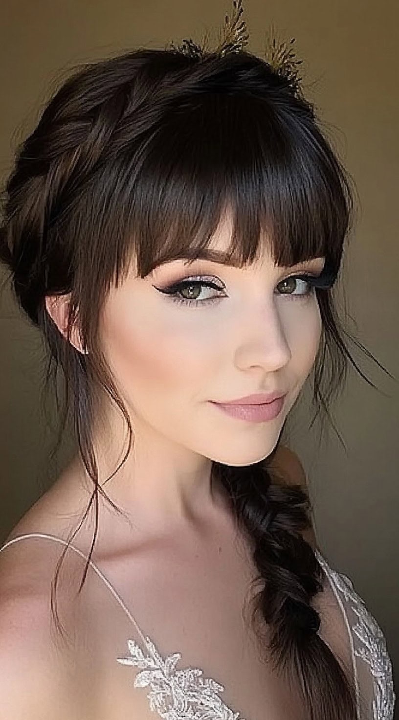 A woman with a soft, bohemian-style side braid, intricate crown braids, and wispy bangs, wearing a delicate dress.