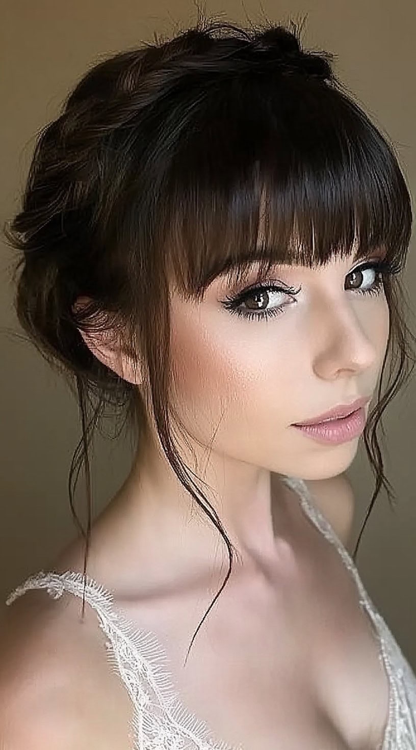 A woman with a braided crown updo, face-framing tendrils, and soft, wispy bangs, wearing a delicate lace dress.