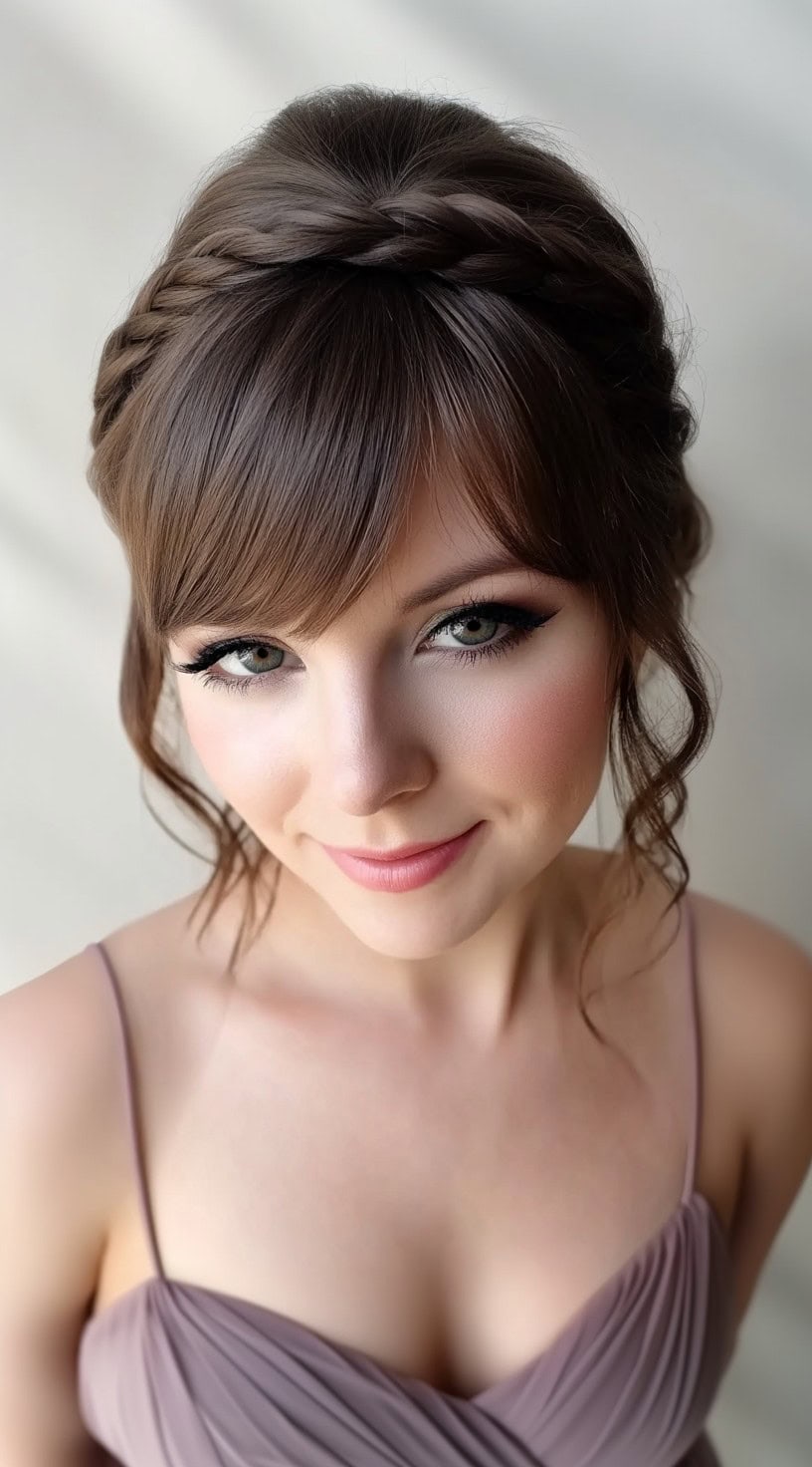 A woman with a braided halo updo, loose curls, and soft curtain bangs, wearing a mauve bridesmaid dress.