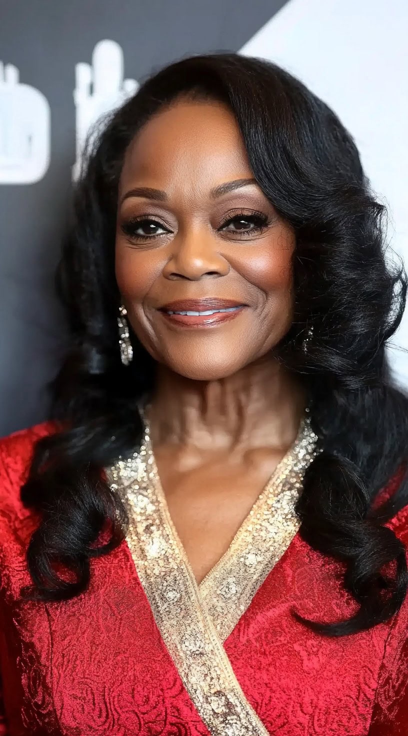 A close-up portrait of an older Black woman with side-swept curls styled into a luxurious and voluminous look, complementing a glamorous outfit.