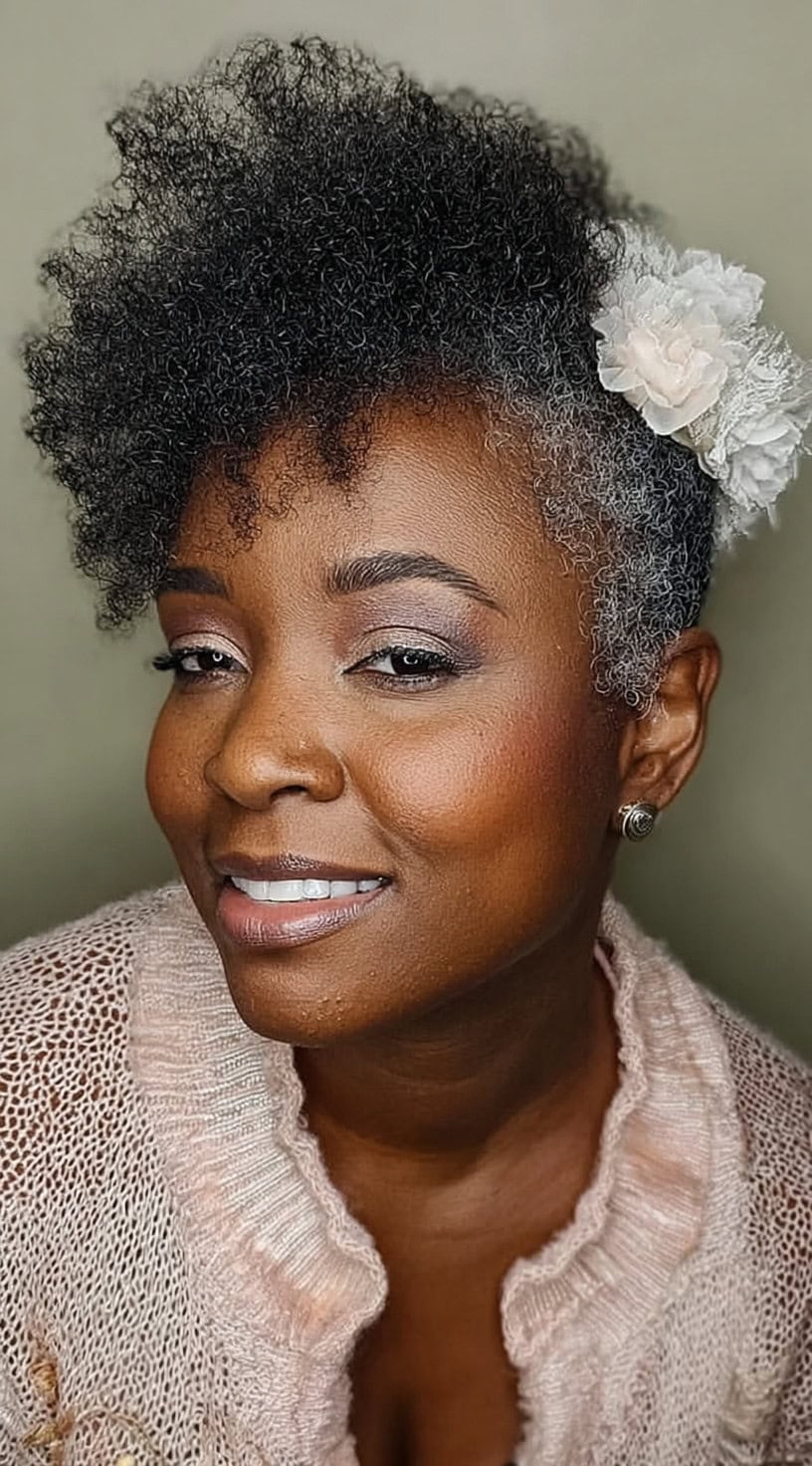 Woman with a soft curly tapered afro styled with a light floral accessory on one side.