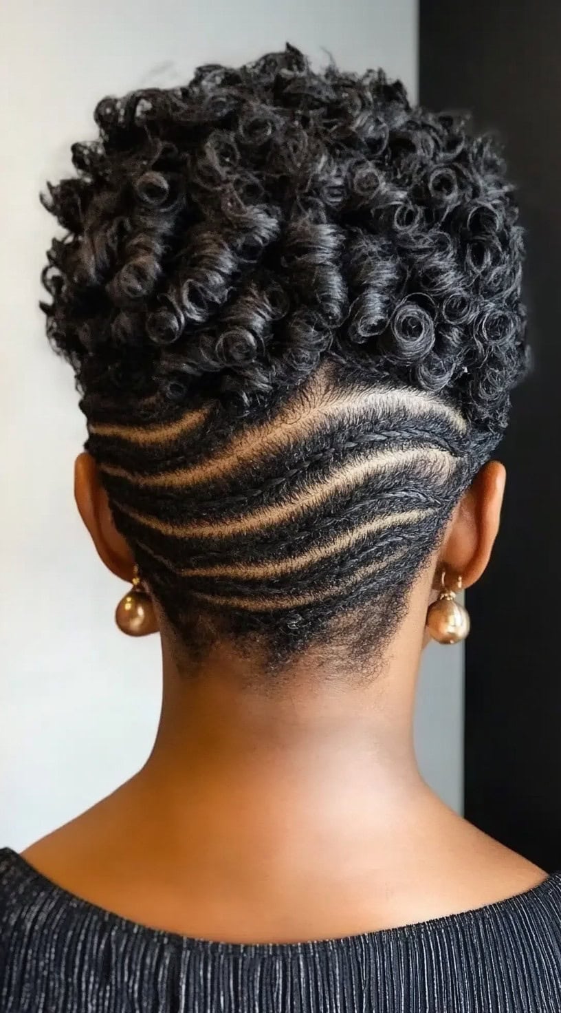 A back view of a Black woman with a curly updo, featuring sculpted wave-like undercut designs at the nape.