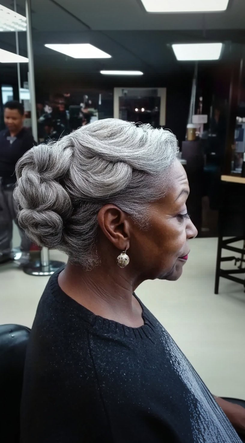 A side-profile view of an older Black woman with a silver waved updo, featuring soft, sculpted waves elegantly pinned into a low bun.