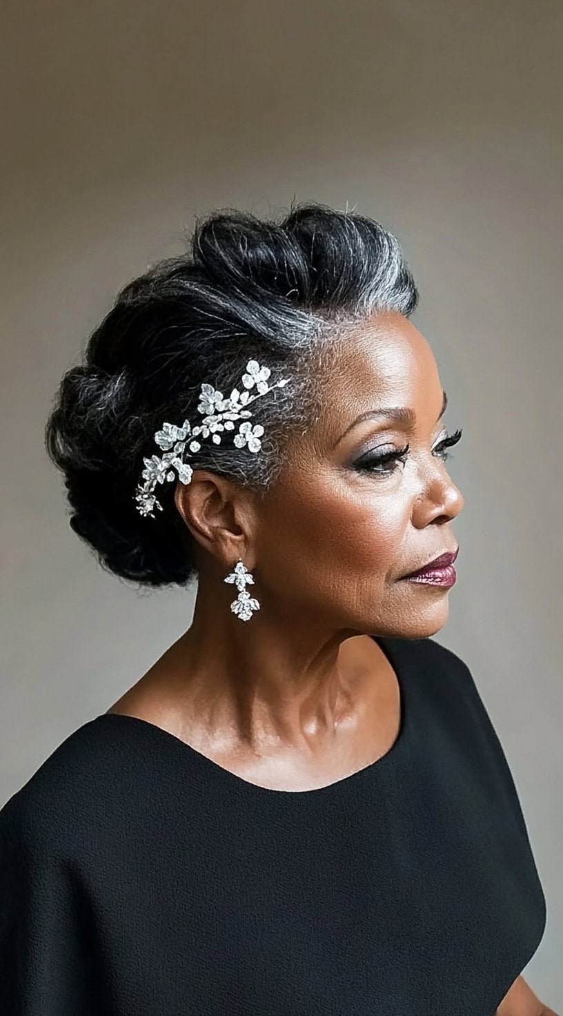 A side-profile of an older Black woman with a soft, voluminous updo styled in vintage waves, adorned with a floral crystal hairpiece.