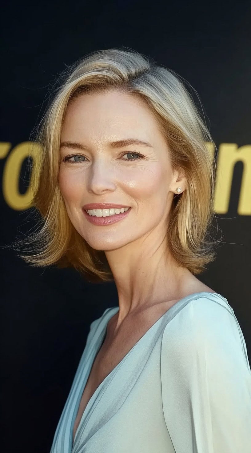 A woman with a classic bob featuring flipped-out ends and a deep side part, adding movement and a retro-inspired touch.