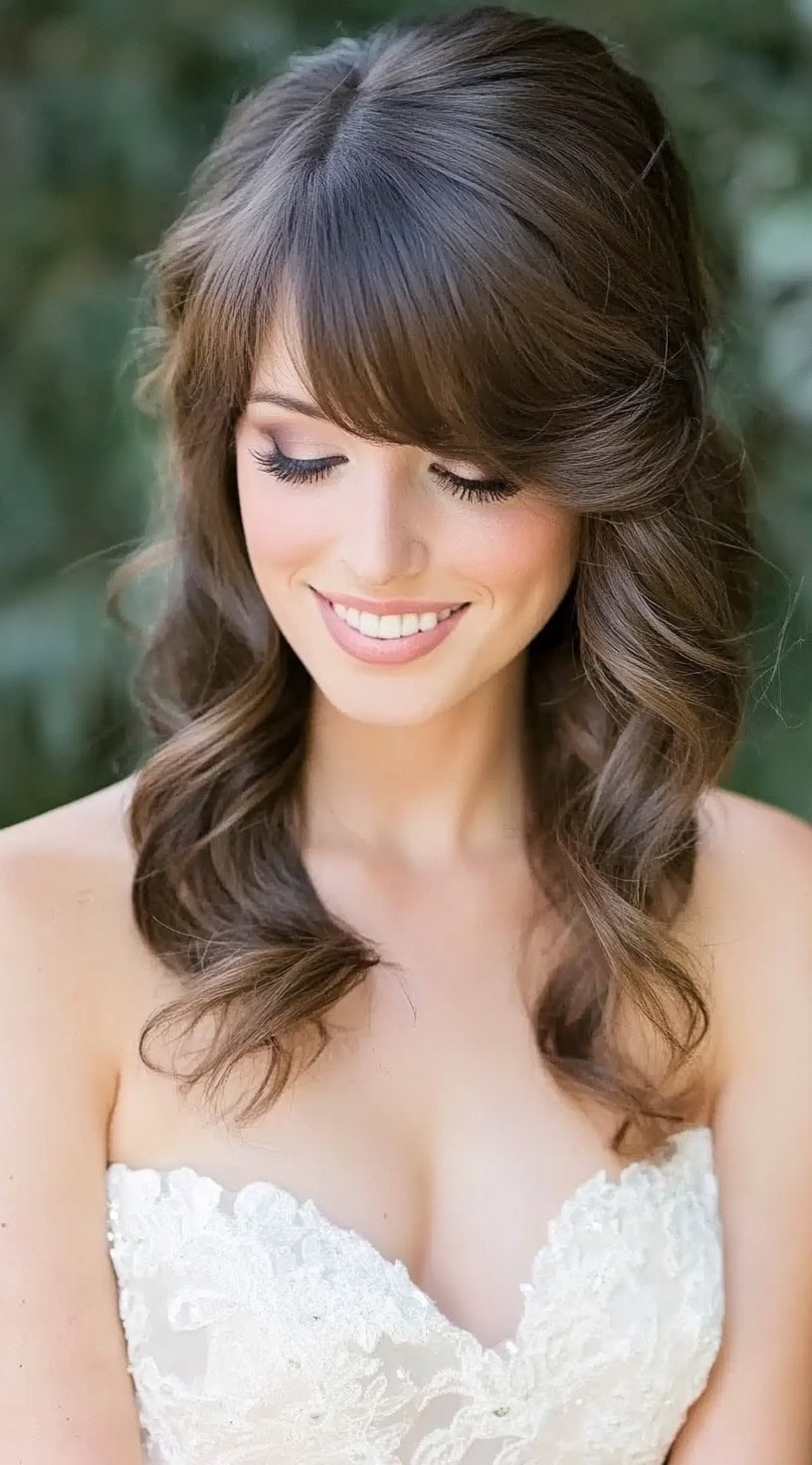 A woman with cascading, voluminous curls and soft side bangs, styled in a romantic half-up fashion, wearing a strapless lace wedding dress.