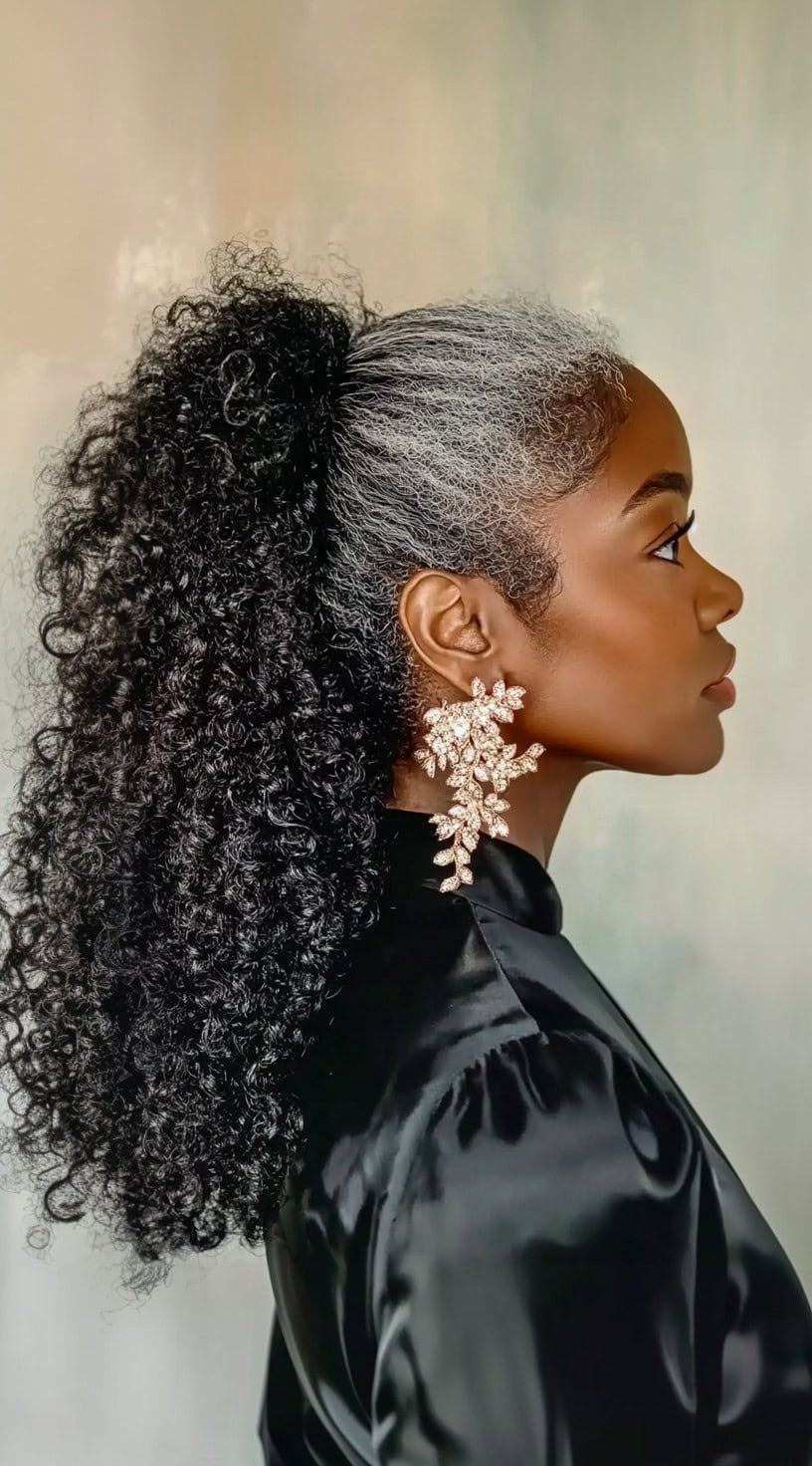 A high, voluminous curly ponytail on a woman with silver-streaked natural hair, paired with dazzling statement earrings and a sleek black satin outfit.