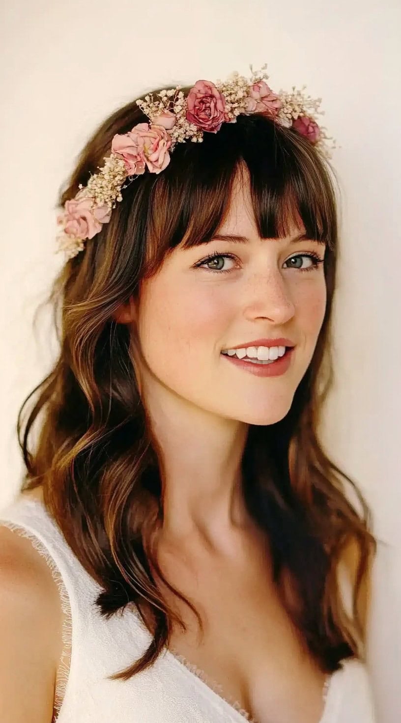 A woman with loose waves and soft bangs, wearing a romantic floral crown with pink and white roses.