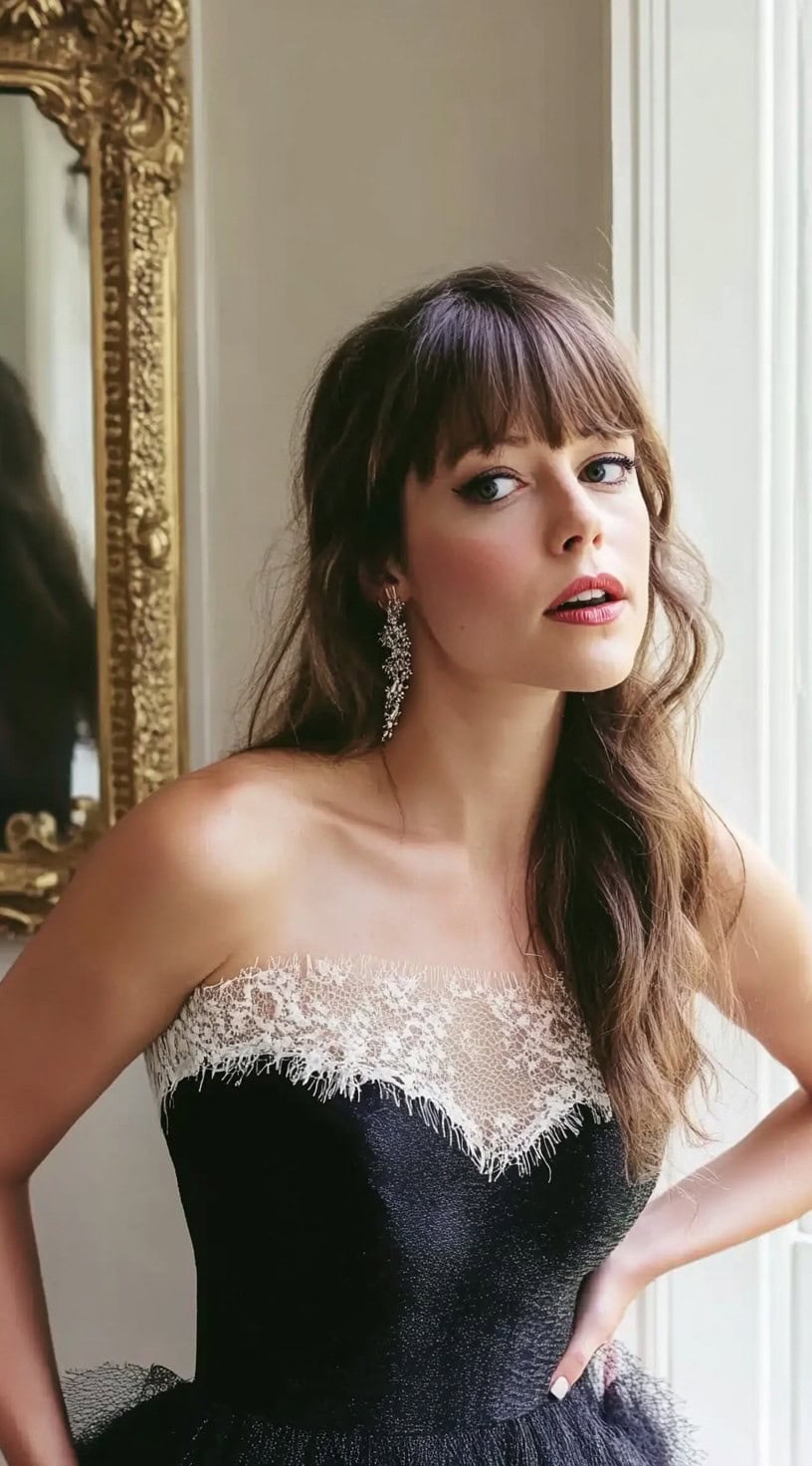 A woman with long, tousled waves and soft curtain bangs, wearing a strapless black dress with lace details.