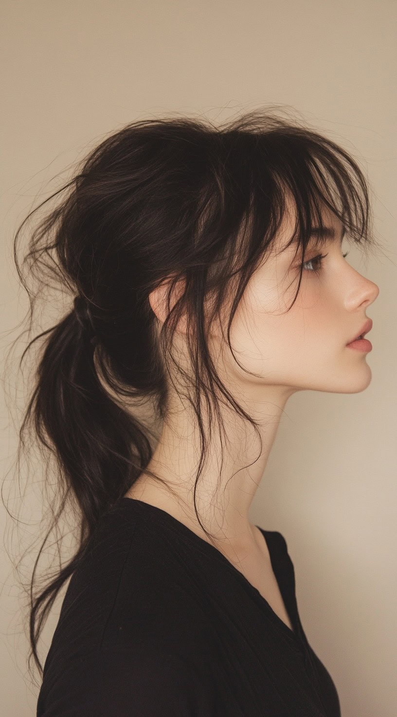 A woman with a dark messy ponytail featuring face-framing layers and soft, wispy bangs for a delicate, romantic look.