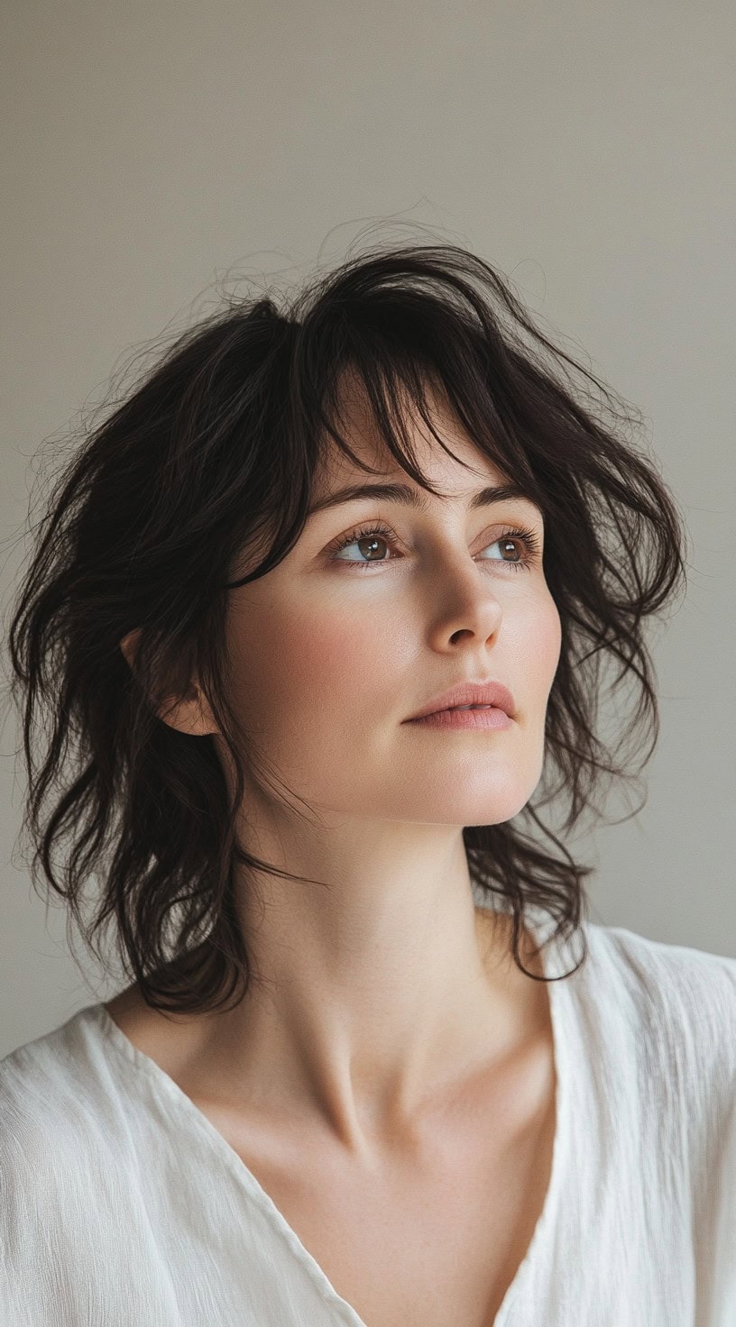 A woman with a messy, textured shag cut featuring wispy bangs and tousled layers for a relaxed, effortless style.