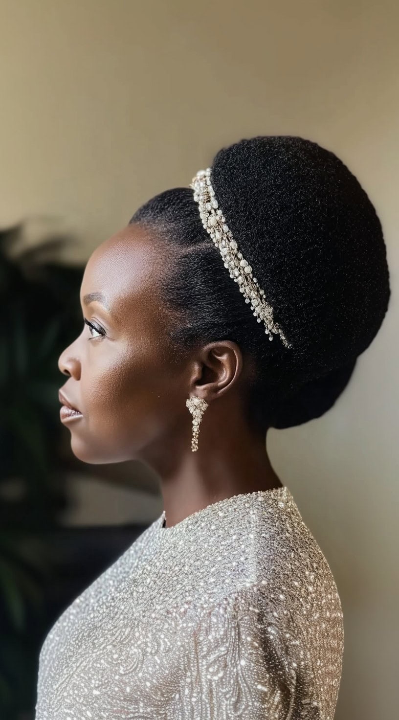 A side-profile of a Black woman wearing a structured natural updo, complemented by a pearl-embellished headband.