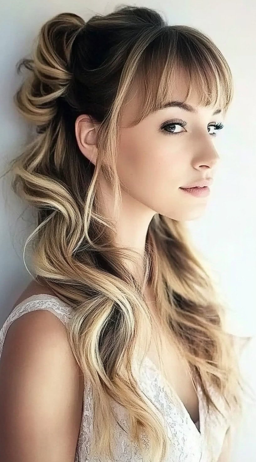 A woman with a romantic half-up, half-down hairstyle featuring voluminous curls and wispy bangs, wearing a lace dress.