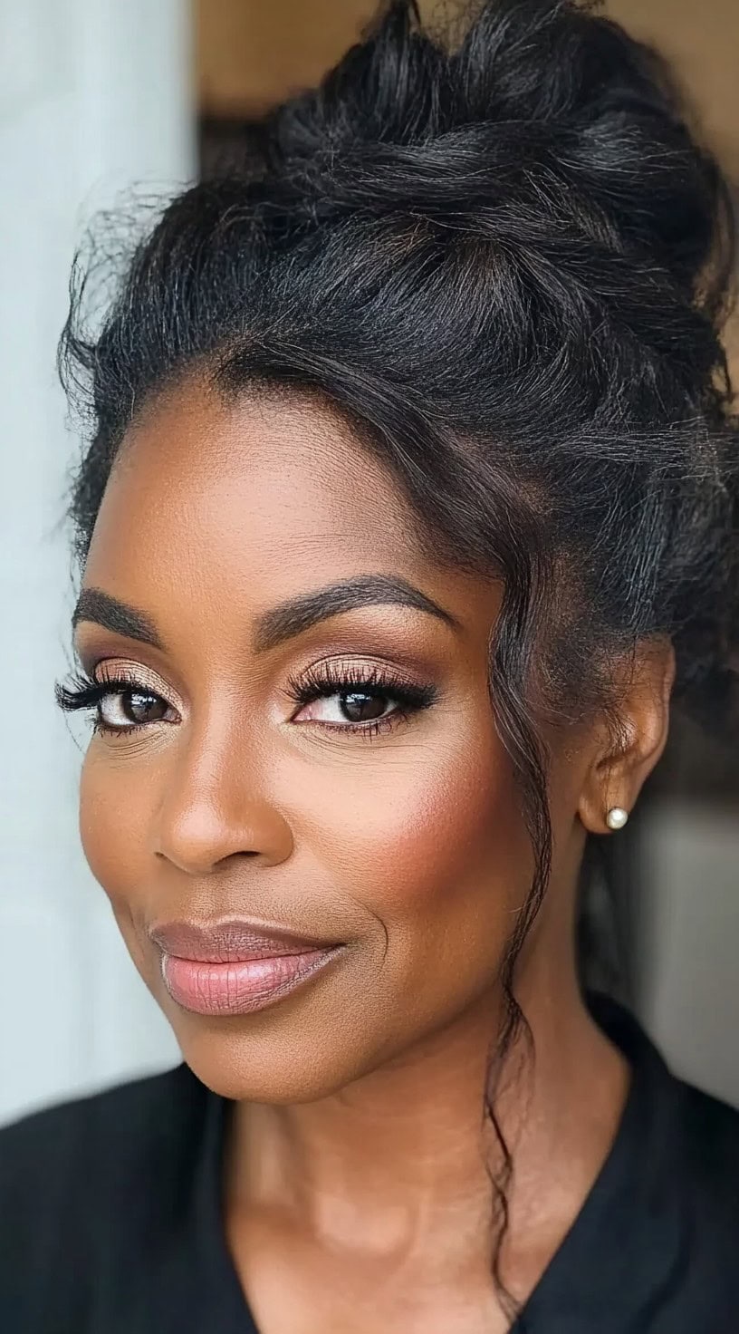 A close-up front view of a Black woman with a voluminous, textured messy bun and soft curls framing her face.