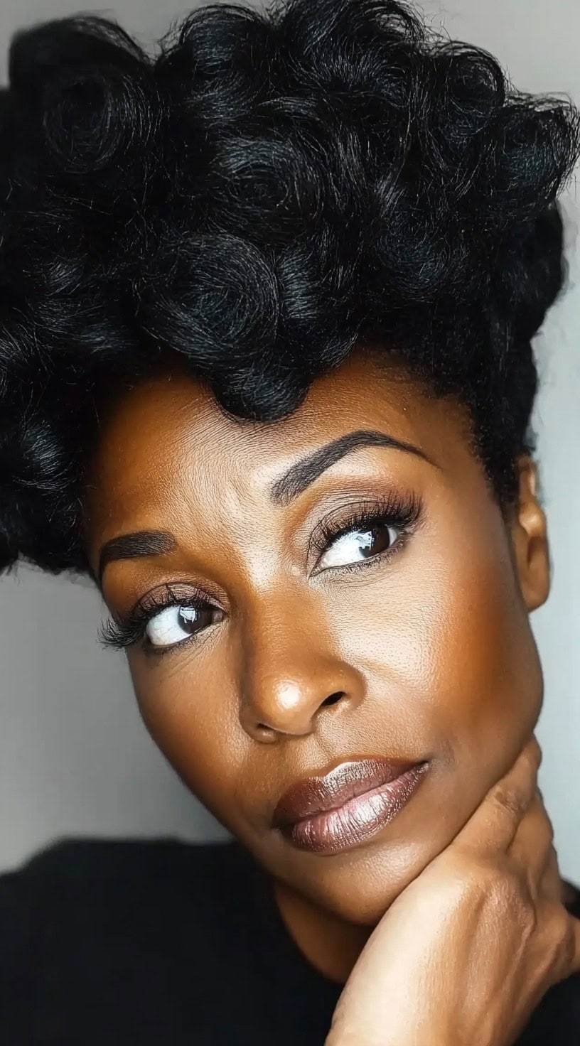 A close-up front view of a Black woman with defined finger coils sculpted into an updo, creating a voluminous yet structured look.