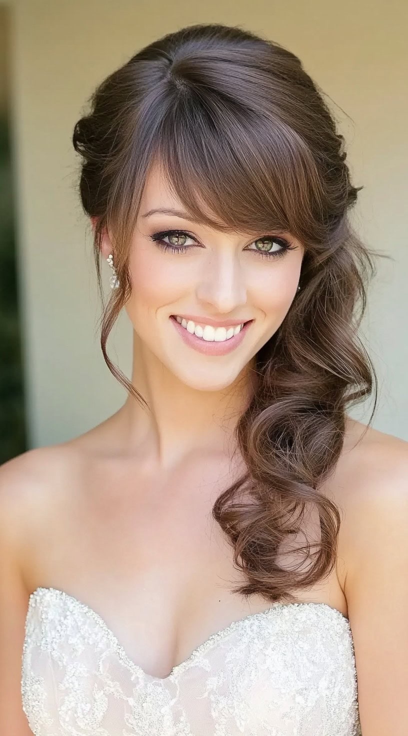 A woman with a side-swept half-up hairstyle, featuring soft curls and elegant side bangs, wearing a strapless lace gown.