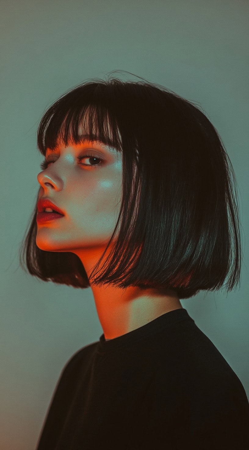 A woman with a sleek, chin-length blunt bob featuring micro bangs, creating a sharp, modern silhouette with a polished finish.