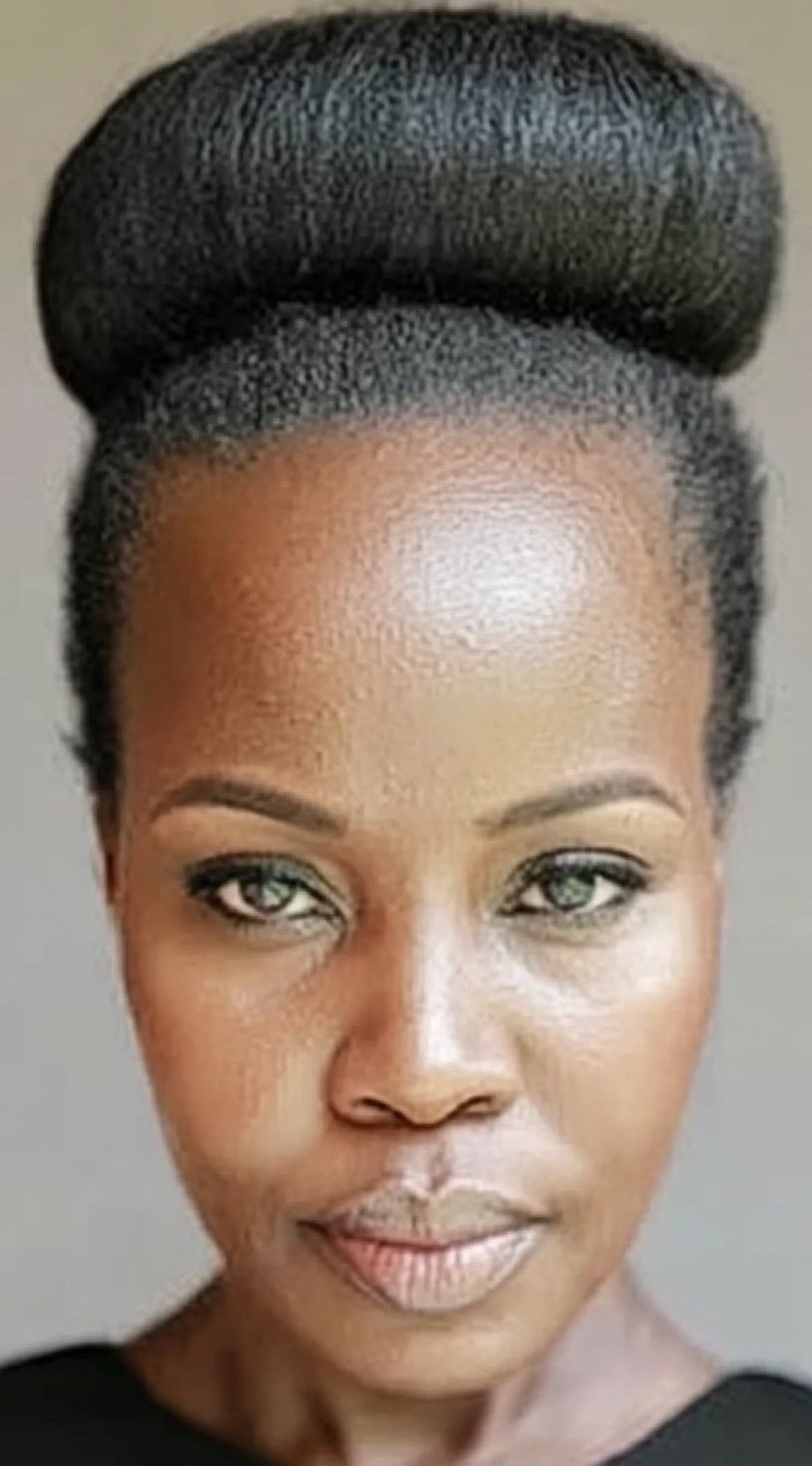 A front view of a Black woman with a perfectly round, sleek high bun, highlighting her structured facial features.