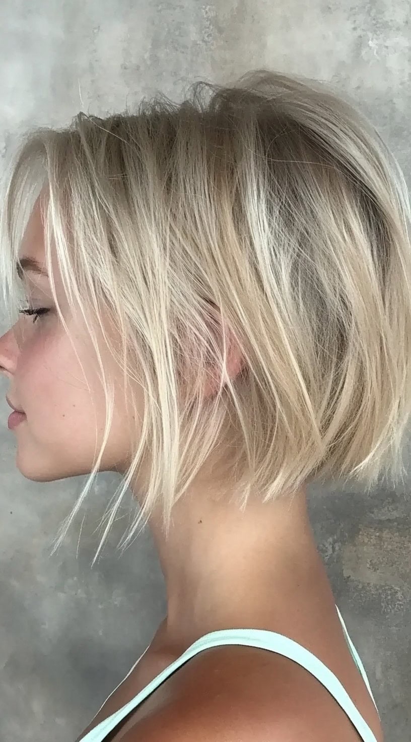 A woman with a sleek, platinum blonde blunt bob that is softly textured for a modern and sophisticated look.