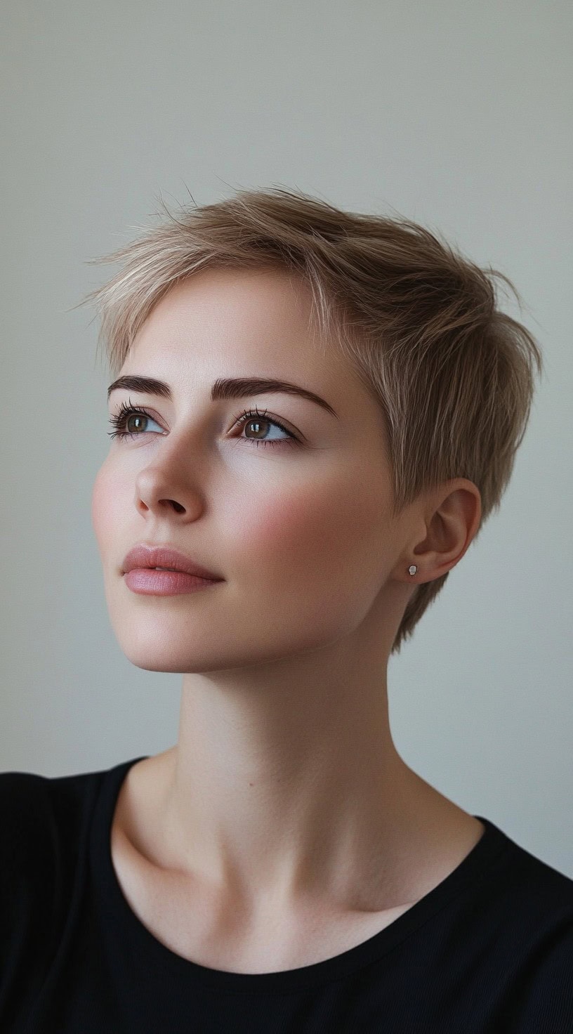 A woman with a soft, feathered pixie cut featuring side-swept layers for a feminine and sophisticated touch.