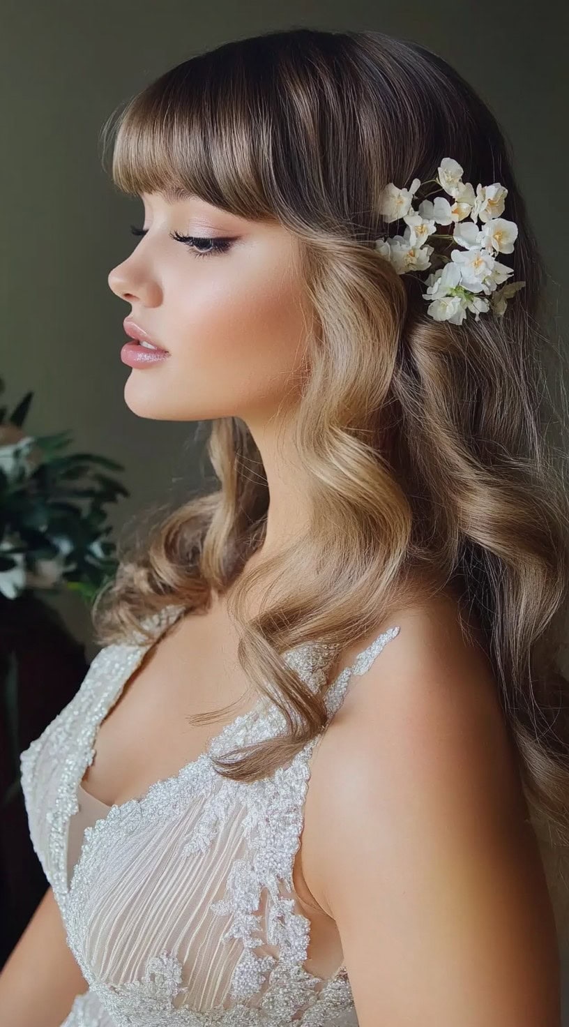 A woman with soft, cascading waves, full blunt bangs, and delicate floral accessories on the side, wearing an elegant lace dress.