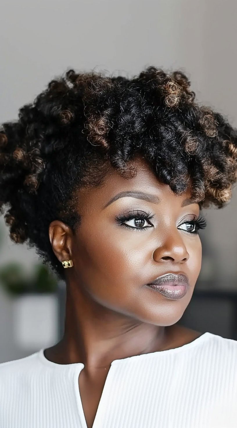 A close-up portrait of a Black woman with a tapered curly afro, featuring soft golden-brown highlights at the ends.