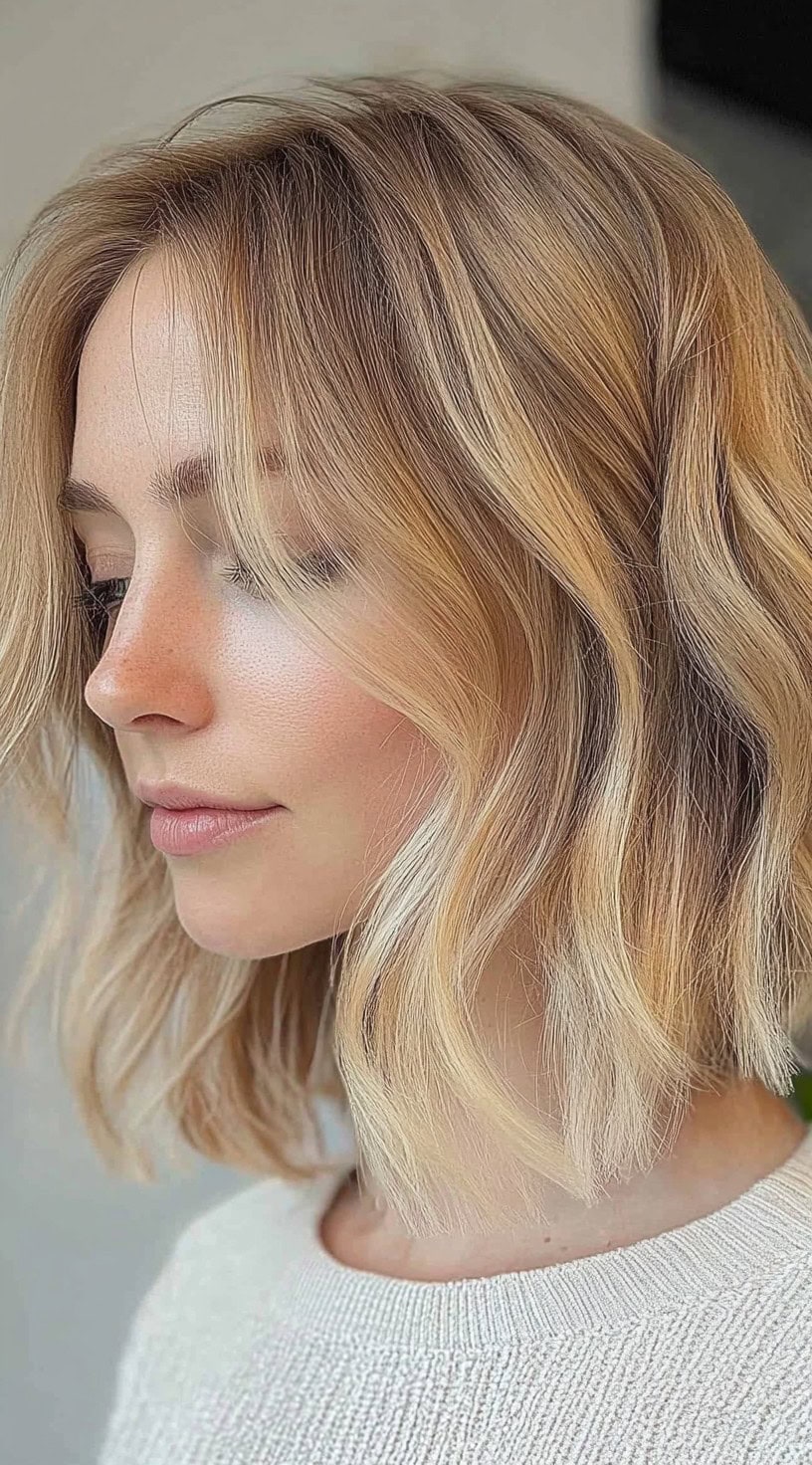 A woman with a textured blonde bob featuring soft waves and a slightly tousled finish for a voluminous effect.