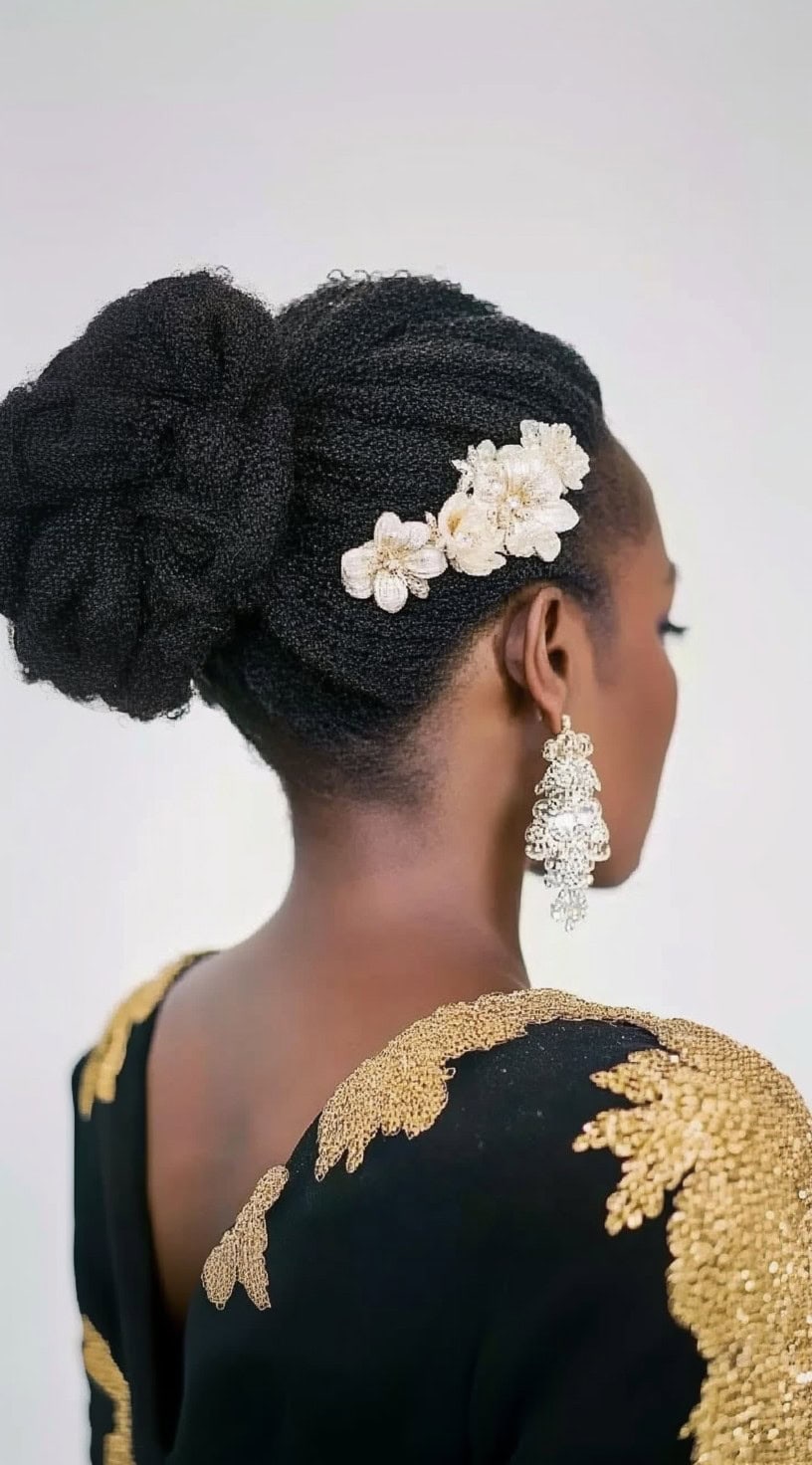 An elegant textured low bun on natural black hair, adorned with delicate gold floral hair accessories, worn with statement earrings and a black and gold embroidered gown.