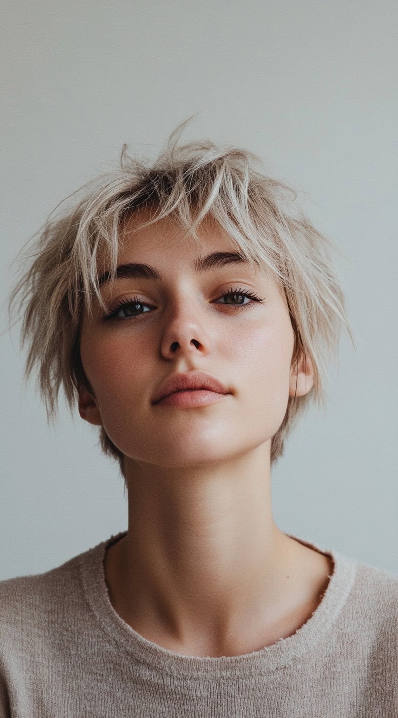 A woman with a tousled blonde pixie cut featuring choppy layers and a textured finish for an edgy yet playful look.