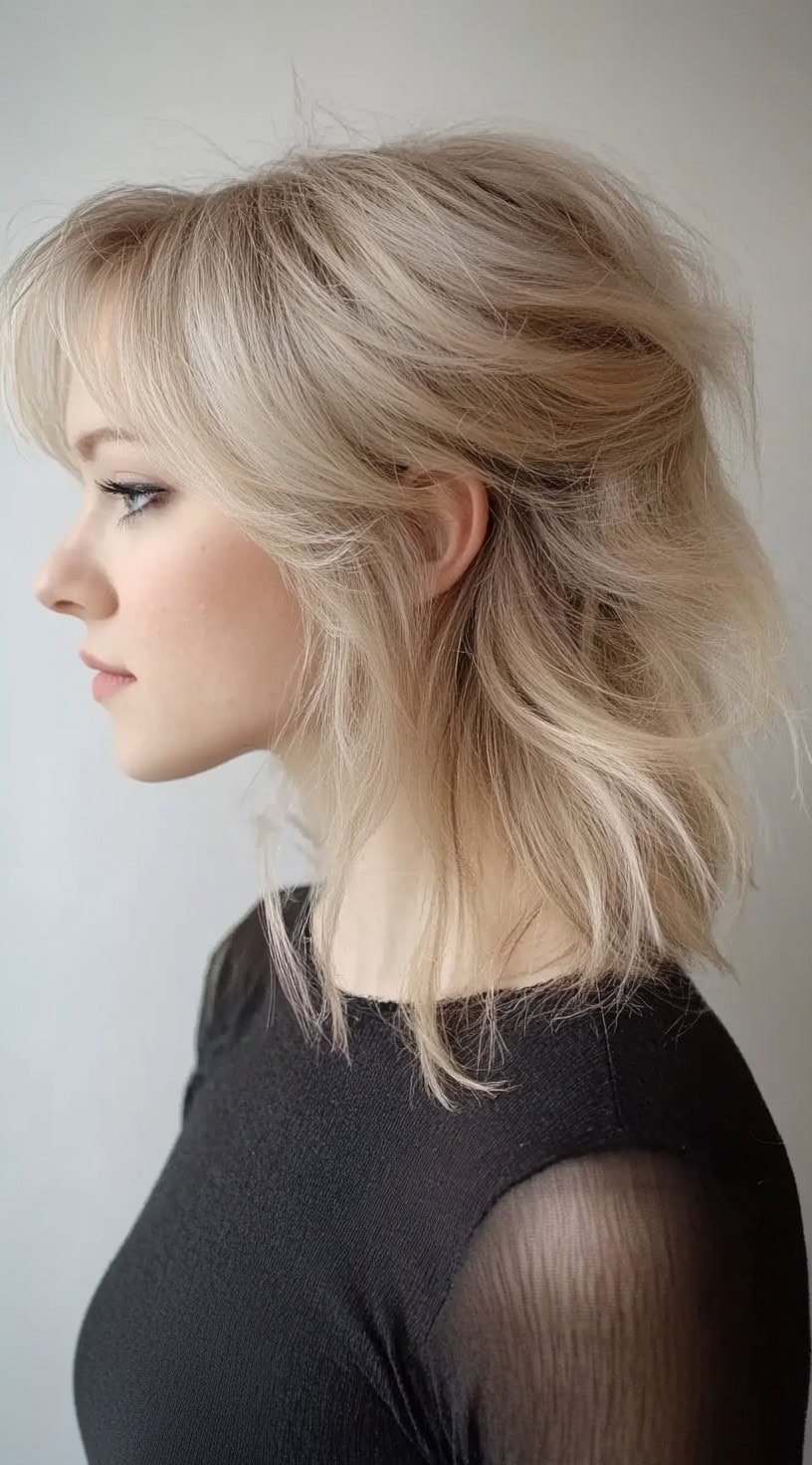 A woman with a tousled shoulder-length hairstyle featuring soft layers and a lifted crown for extra volume.