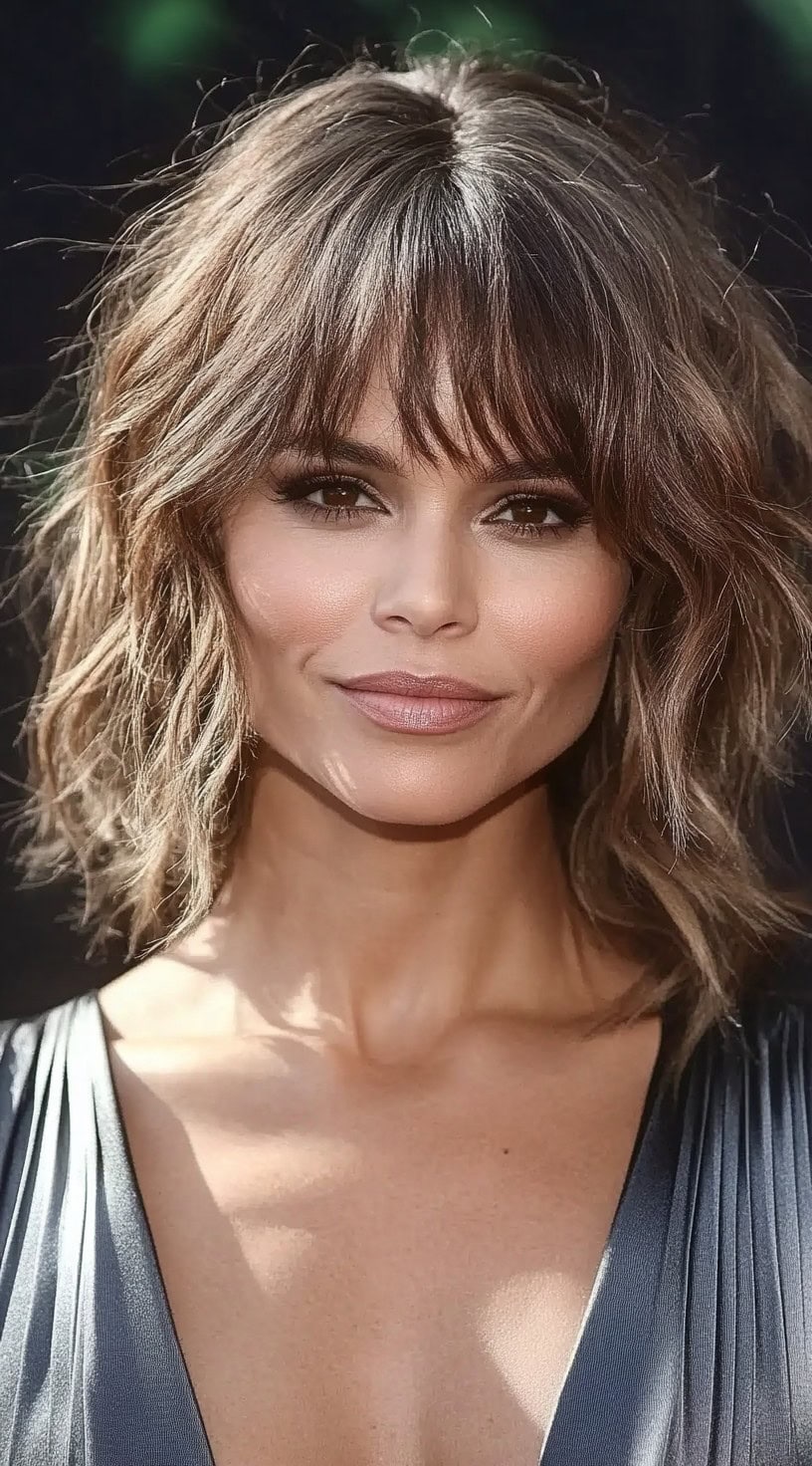 A woman with a tousled, chin-length bob and wispy bangs, styled with soft waves for a modern, effortless look.