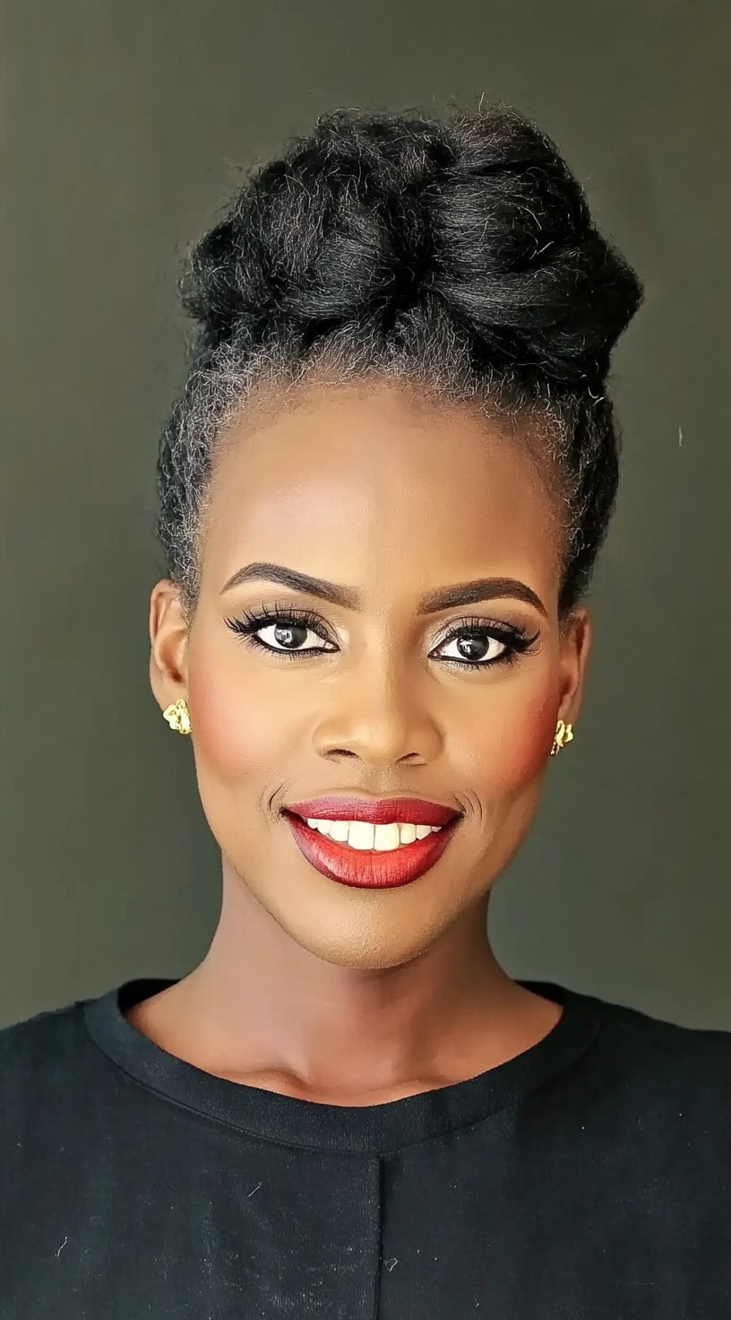 A front-facing portrait of a Black woman with an elegant twisted updo styled into a crown-like shape.