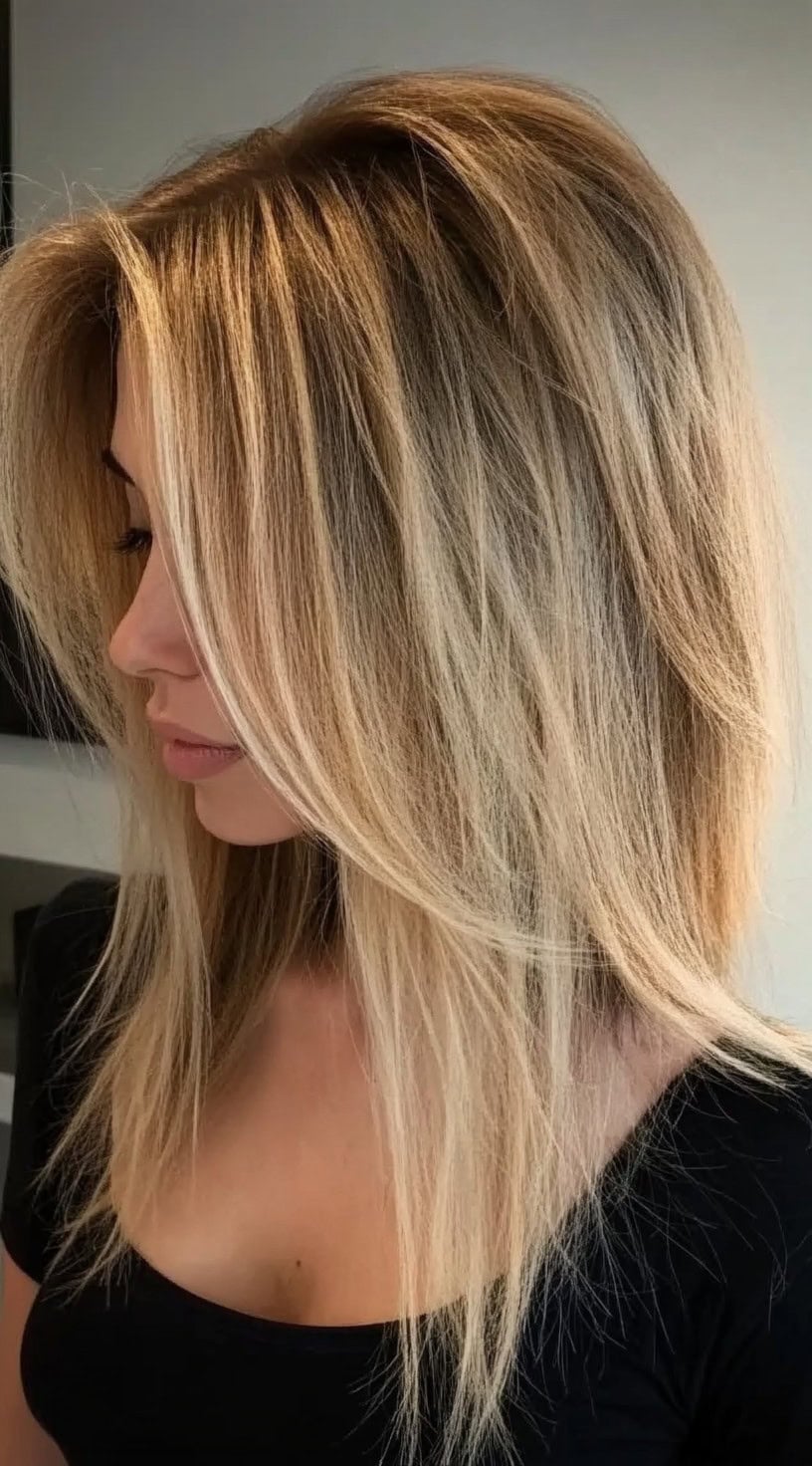 A woman with a long bob (lob) featuring voluminous layers, subtle face-framing highlights, and a smooth yet full-bodied finish.