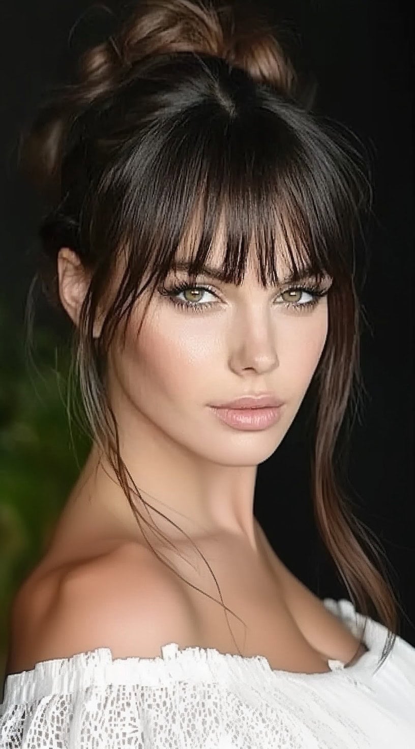 A woman with a voluminous, textured messy bun, wispy bangs, and soft tendrils framing her face, wearing an off-shoulder white dress.