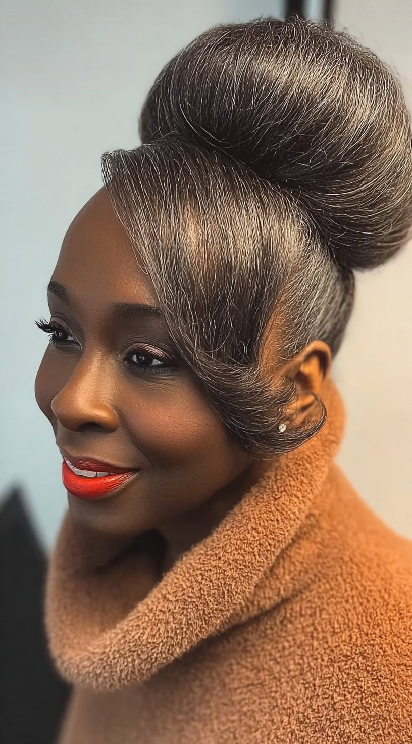 Woman with a structured, high roll updo featuring smooth, sculpted side-swept bangs.