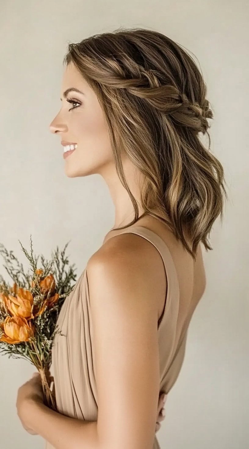 A relaxed half-up hairstyle featuring soft waves and intertwined braids at the crown.