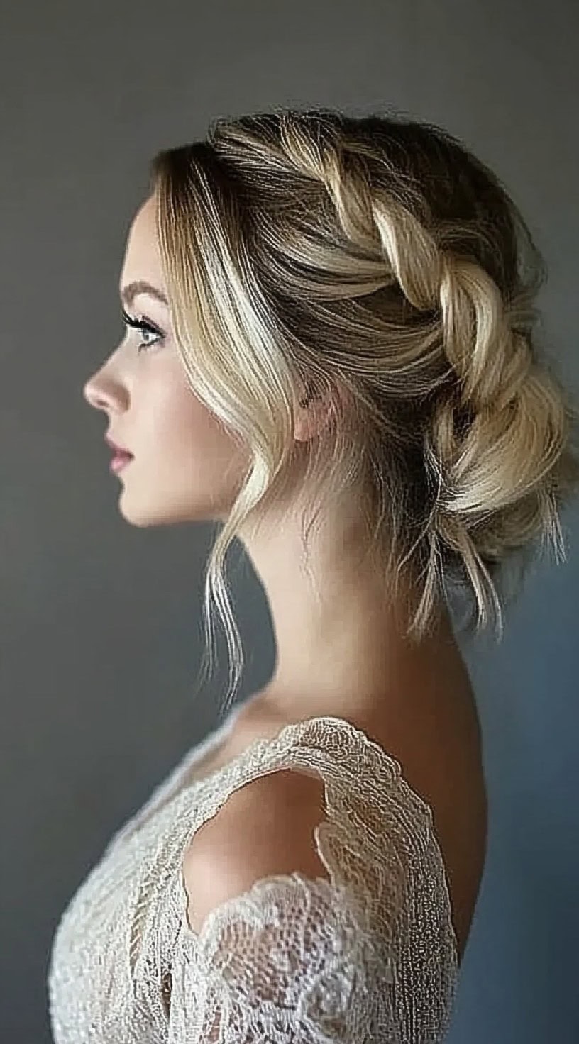 A loosely braided crown wrapping around a soft, textured low bun with face-framing strands.