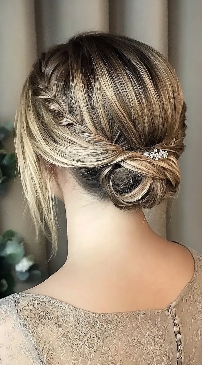 A woman with a loosely braided low bun, adorned with a delicate pearl hairpiece, with soft strands framing her face.