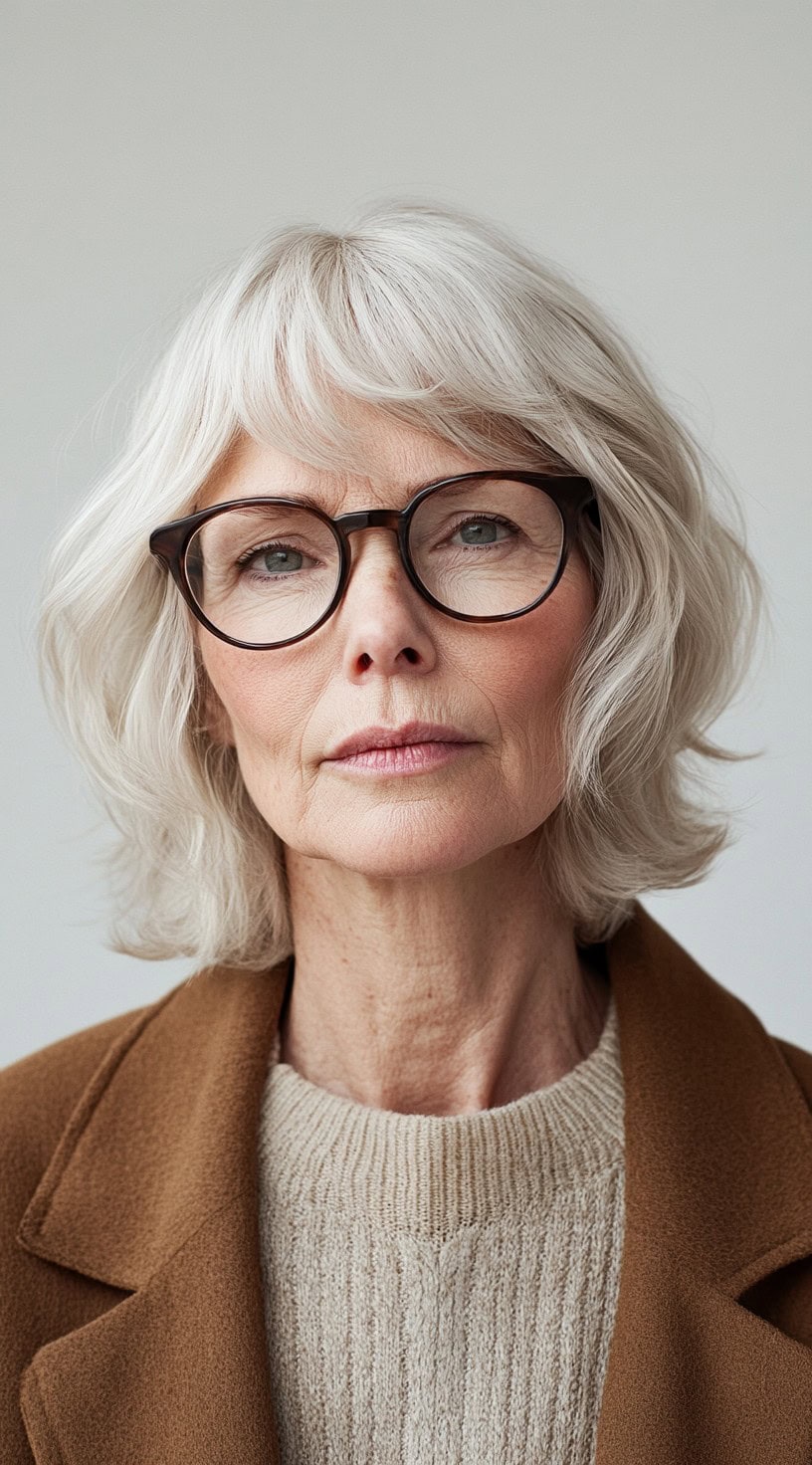 A woman with a choppy, layered bob and wispy bangs, wearing brown glasses and a camel coat.
