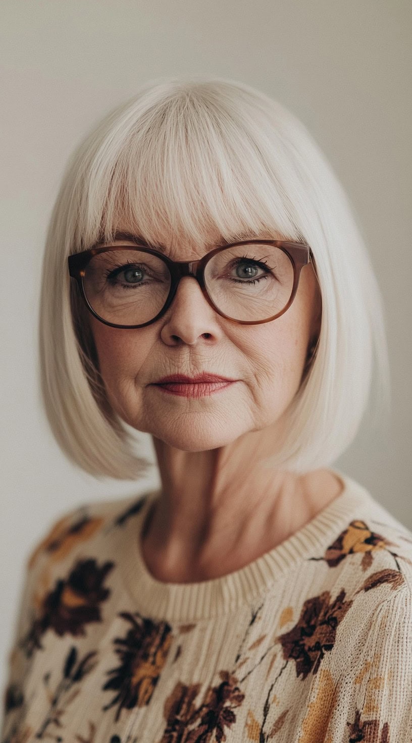 A mature woman with a sleek, chin-length blunt bob and full, straight bangs, wearing glasses and a beige floral sweater.