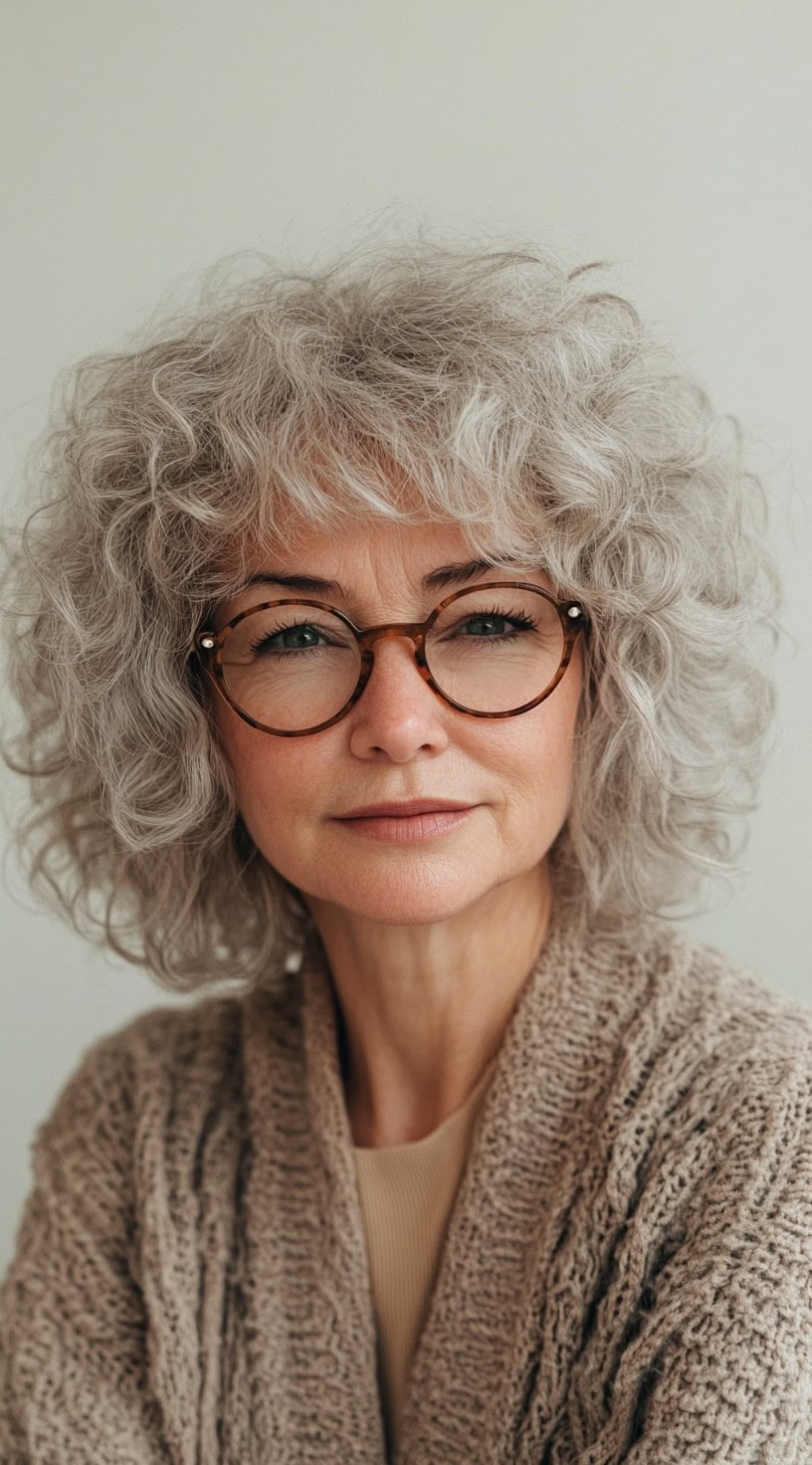 A woman with a curly mid-length bob and rounded bangs, wearing tortoiseshell glasses and a cozy brown knit cardigan.