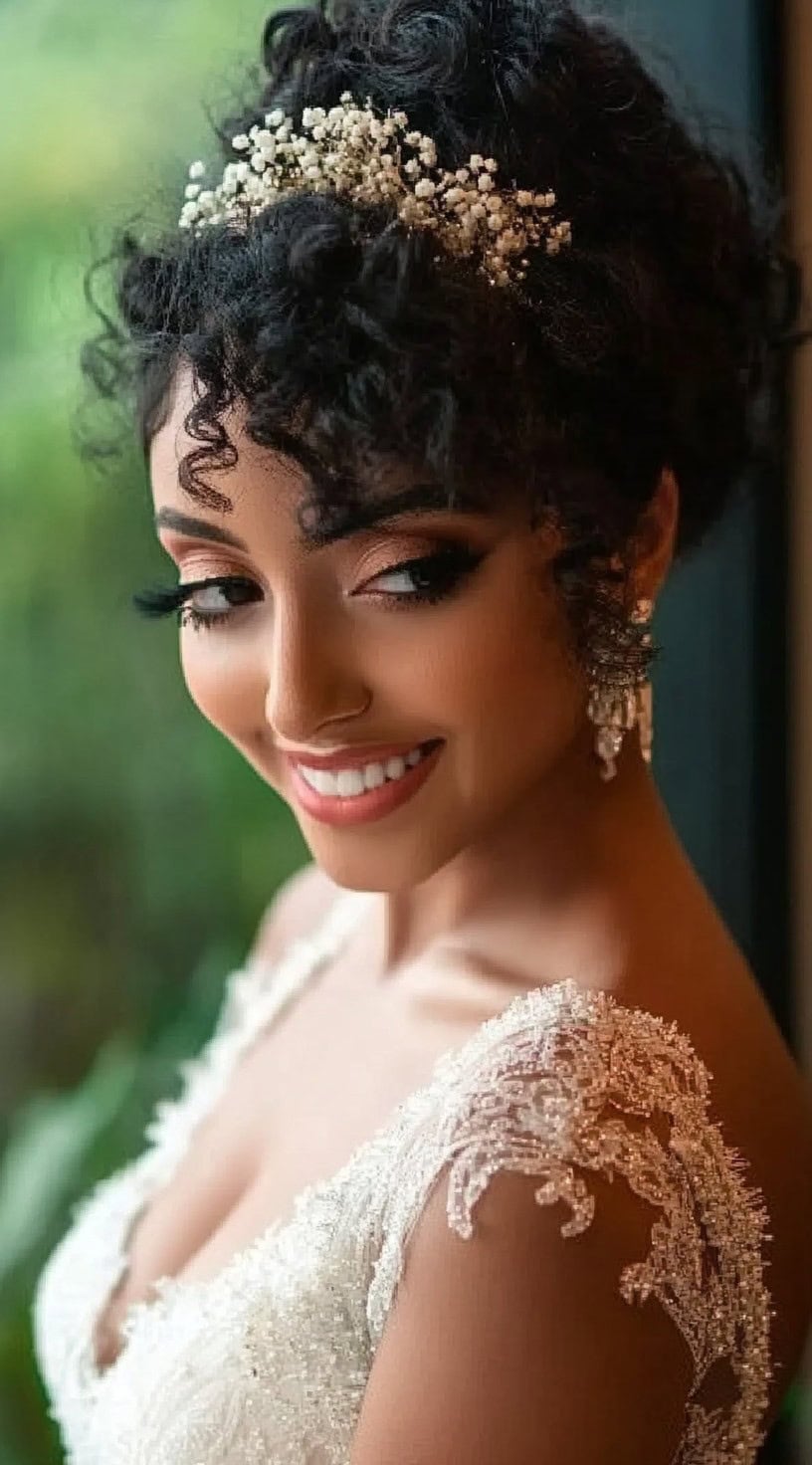 A naturally curly updo with soft tendrils and baby's breath woven into the hair.