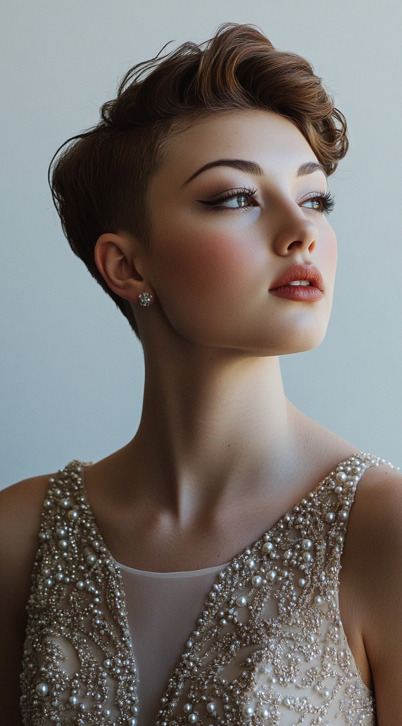 A woman with an edgy undercut pixie, styled with voluminous waves on top, wearing a pearl-embellished gown.