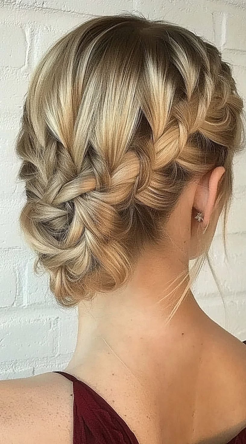 A beautifully woven updo featuring intricate braids and soft, face-framing strands.