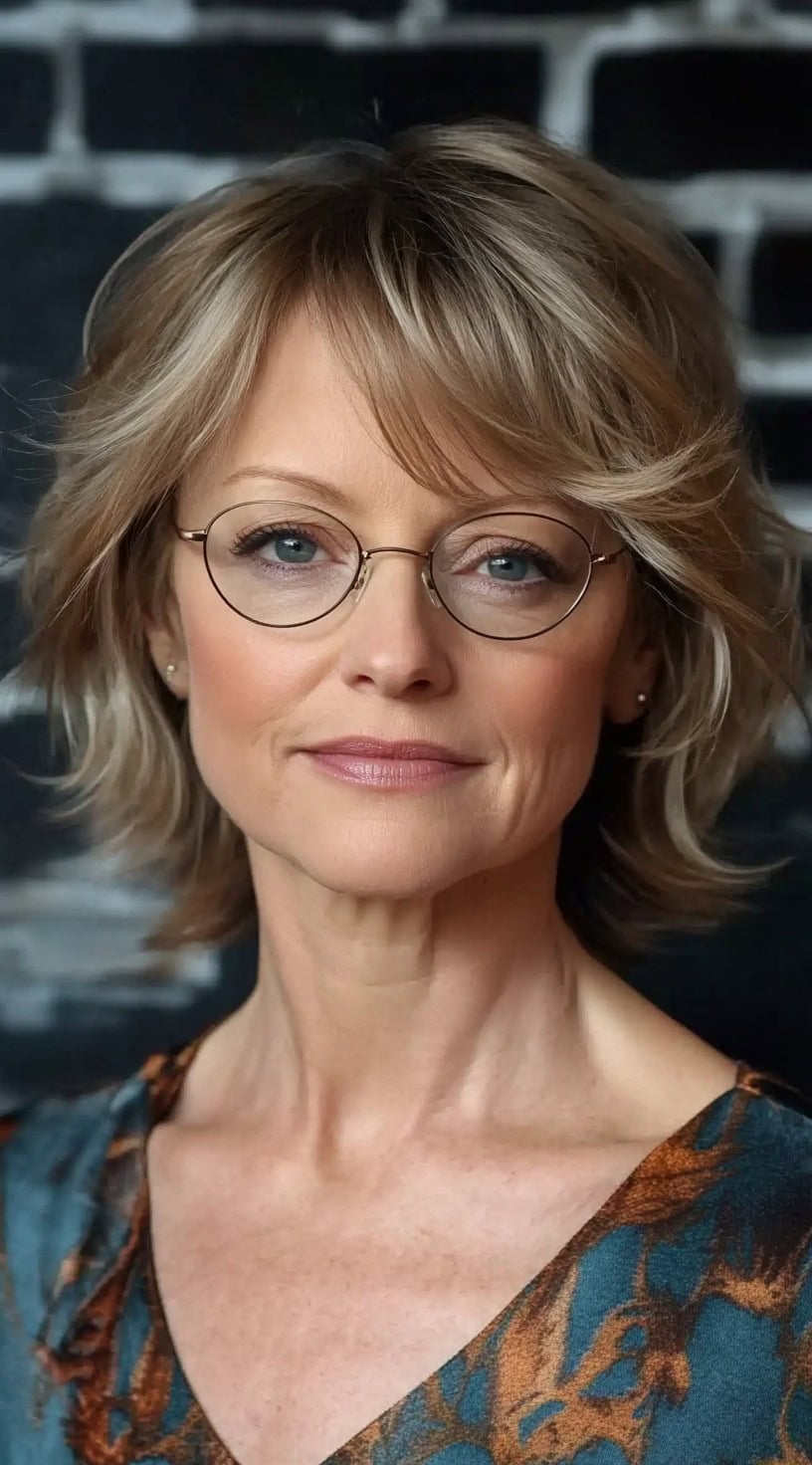 A woman with a layered bob and soft curtain bangs, wearing round glasses and a patterned top, against a dark brick background.
