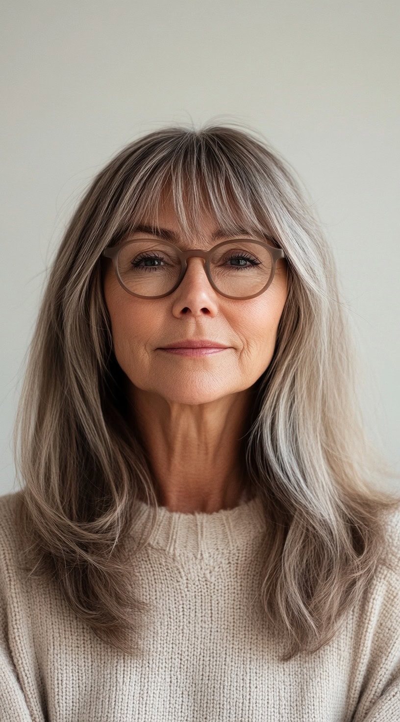 A mature woman with long, layered hair and soft fringe, wearing brown glasses and a beige knit sweater.