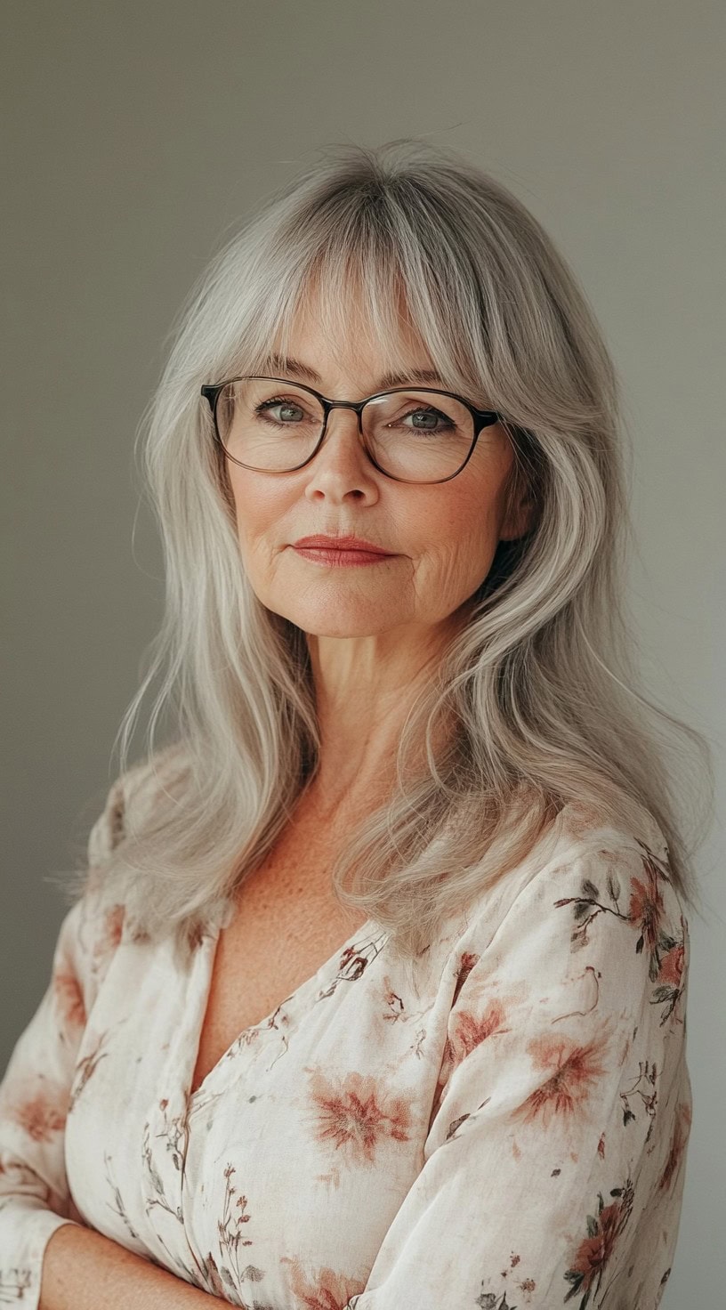 A mature woman with long, wavy layers and feathered bangs, wearing black glasses and a floral blouse.
