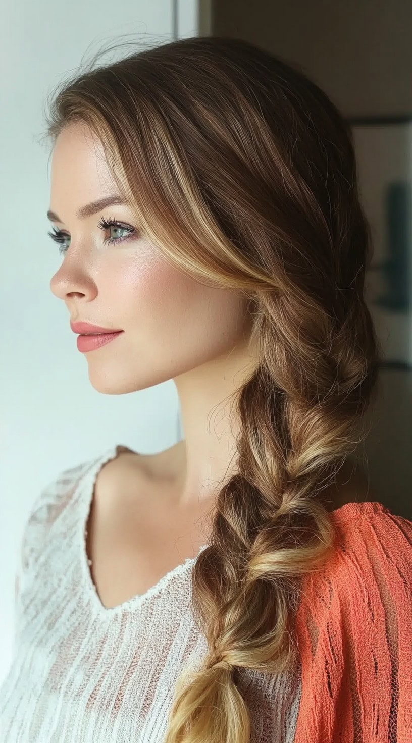 A woman with long, loosely braided hair draped over one shoulder, with soft face-framing layers and warm blonde highlights.