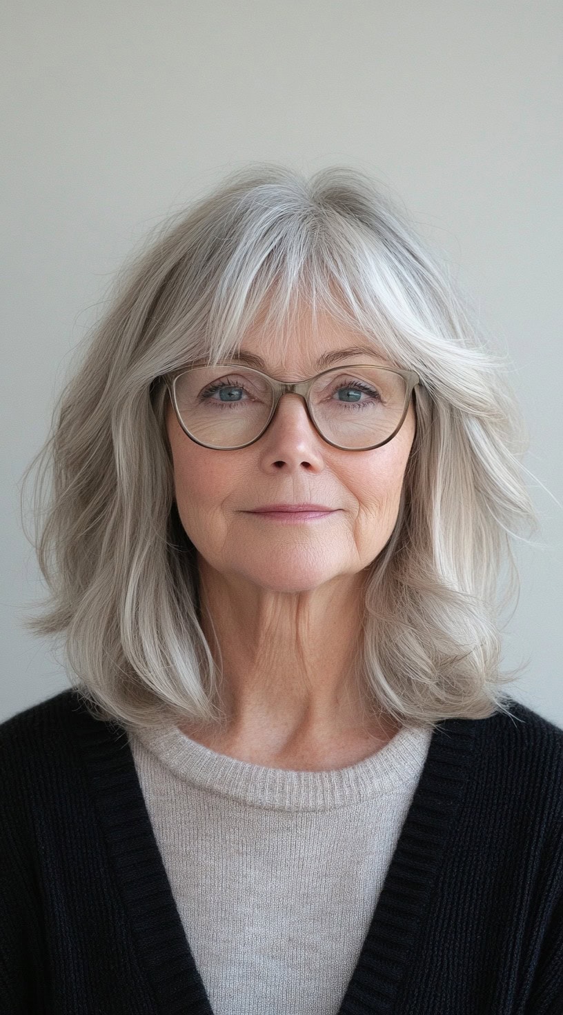 A woman with mid-length soft waves and curtain bangs, wearing round glasses and a black knit sweater over a beige top.